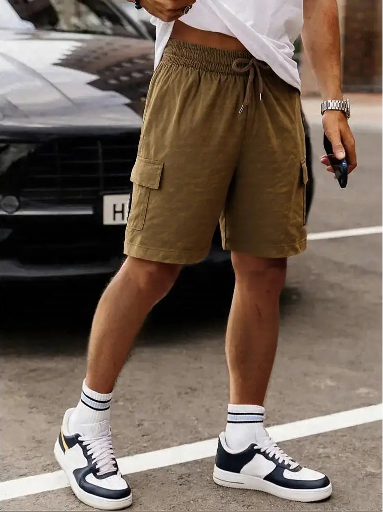 Men’s Washed Cotton-Blend Casual Shorts – Elastic Waist Drawstring Fit in Brown by Urban Tendency