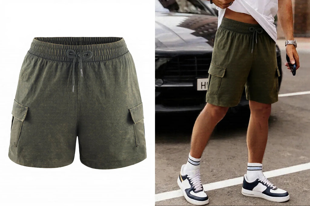 Men’s Washed Cotton-Blend Casual Shorts – Elastic Waist Drawstring Fit in Dark Green by Urban Tendency