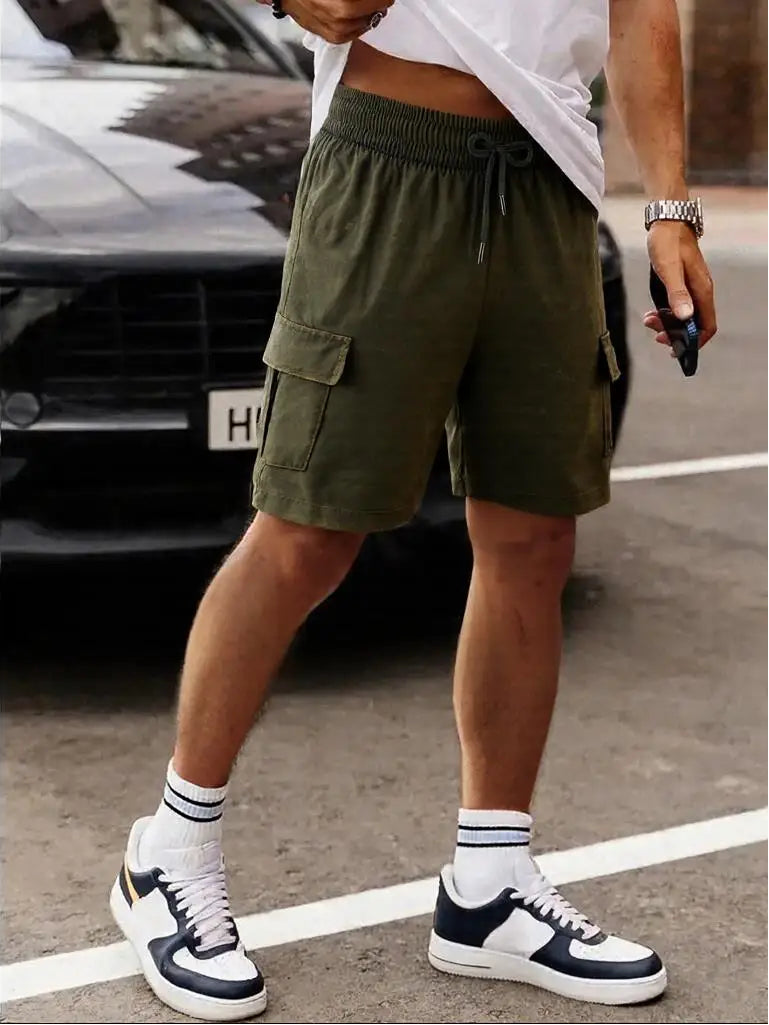 Men’s Washed Cotton-Blend Casual Shorts – Elastic Waist Drawstring Fit in Dark Green by Urban Tendency