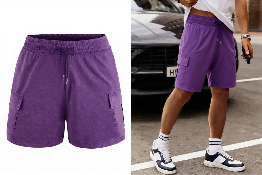 Men’s Washed Cotton-Blend Casual Shorts – Elastic Waist Drawstring Fit in Purple by Urban Tendency