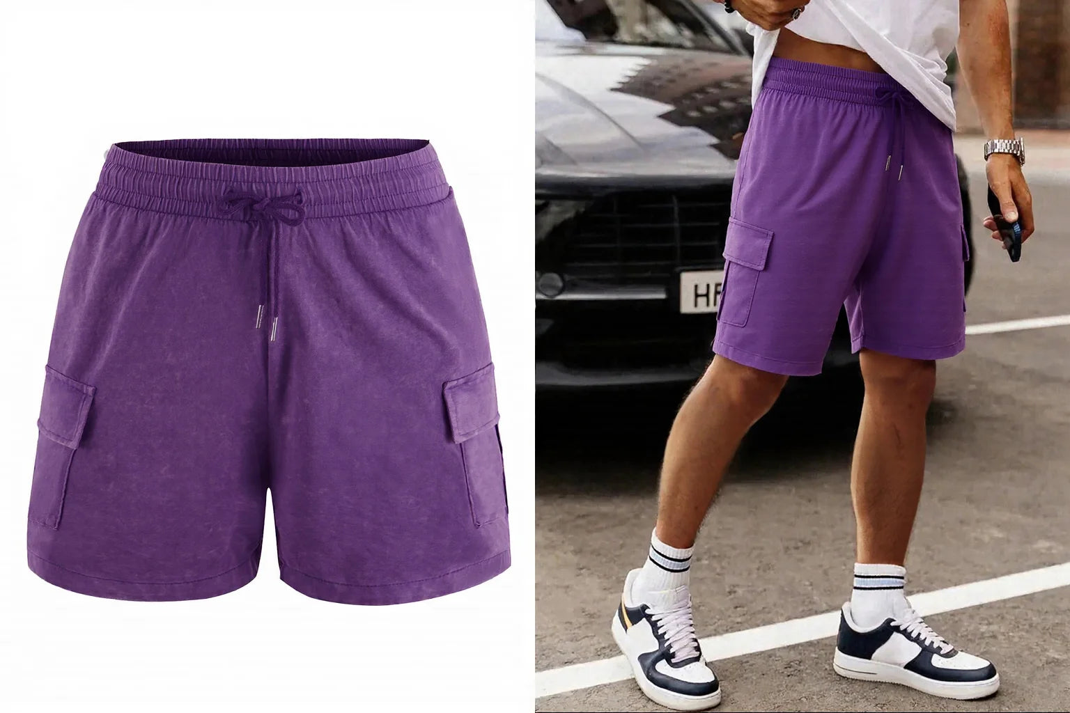 Men’s Washed Cotton-Blend Casual Shorts – Elastic Waist Drawstring Fit in Purple by Urban Tendency