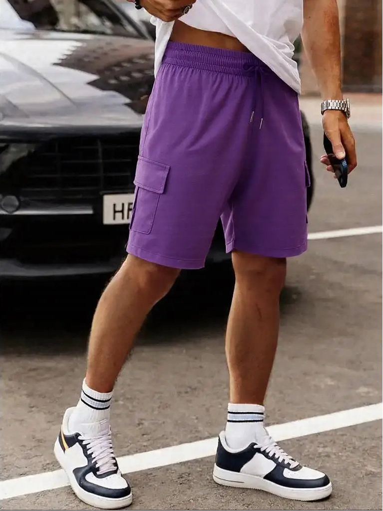 Men’s Washed Cotton-Blend Casual Shorts – Elastic Waist Drawstring Fit in Purple by Urban Tendency