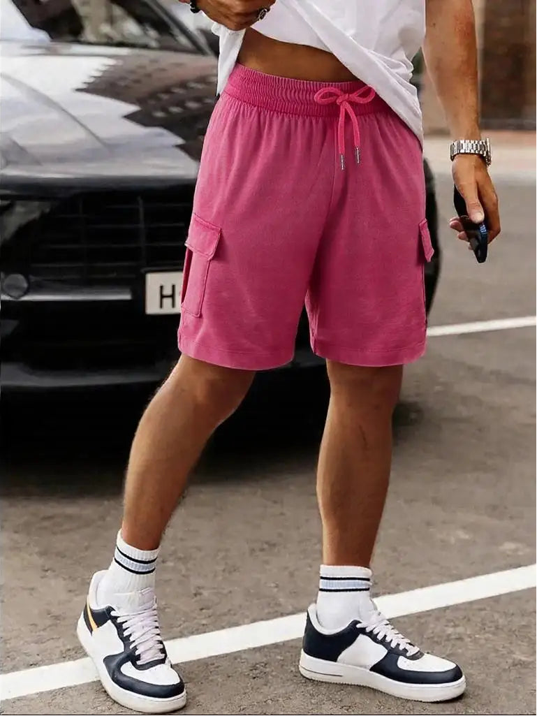 Men’s Washed Cotton-Blend Casual Shorts – Elastic Waist Drawstring Fit in Rose Red by Urban Tendency