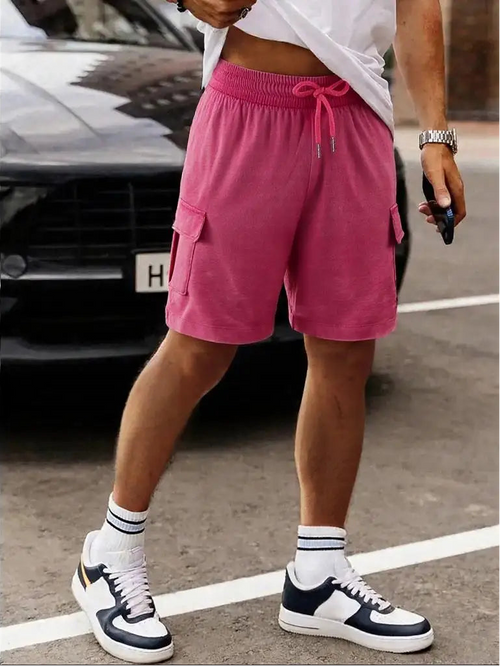 Men’s Washed Cotton-Blend Casual Shorts – Elastic Waist Drawstring Fit in Rose Red by Urban Tendency