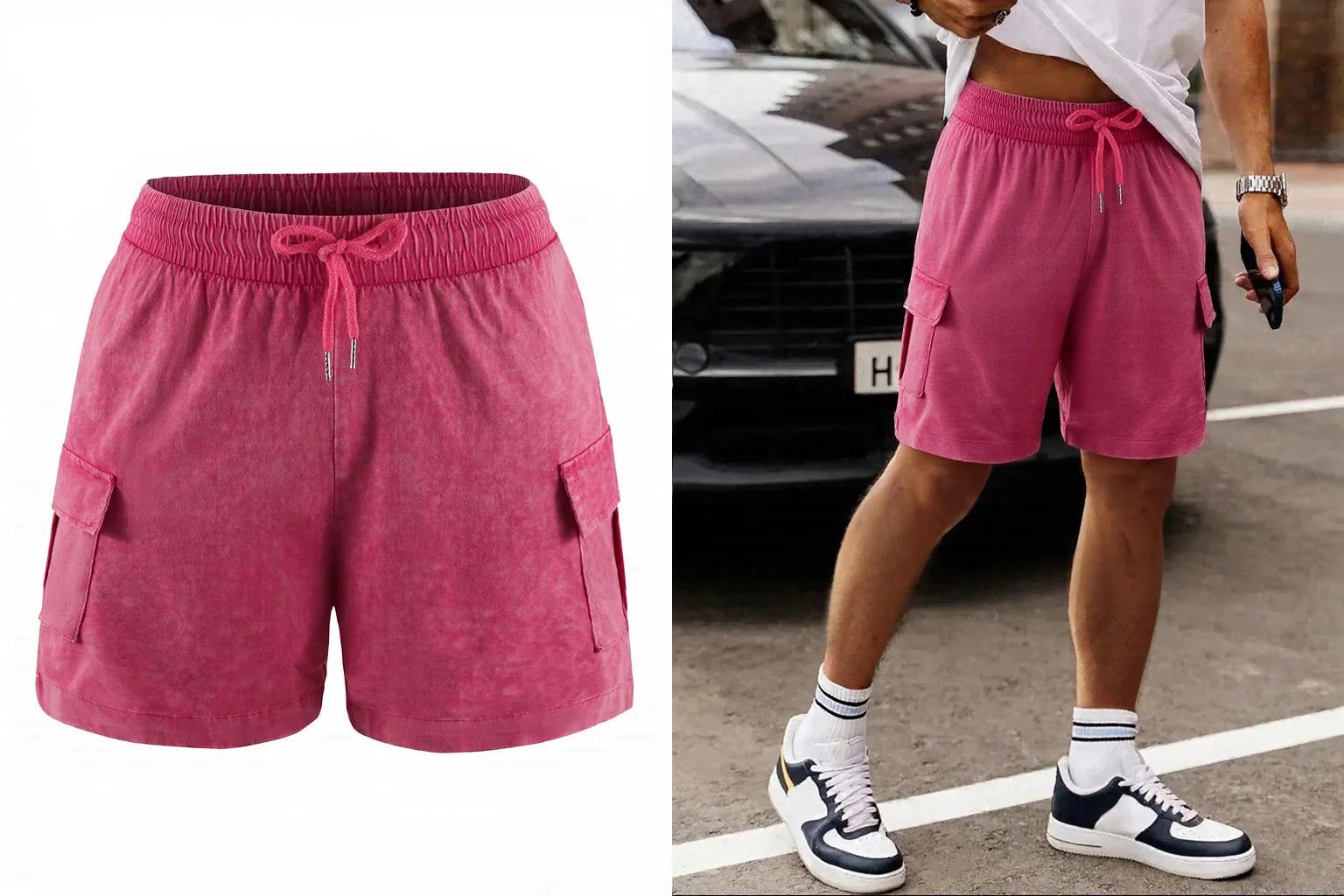 Men’s Washed Cotton-Blend Casual Shorts – Elastic Waist Drawstring Fit in Rose Red by Urban Tendency
