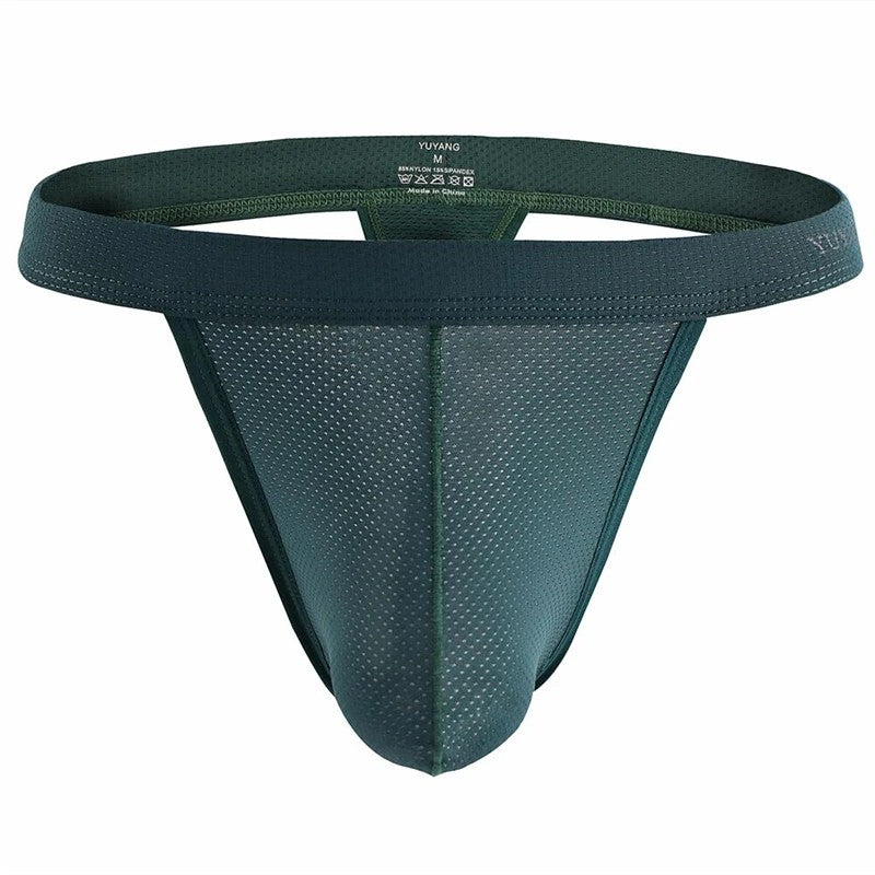 Men's Breathable Mesh Thong Underwear with Wide Waistband in Army Green