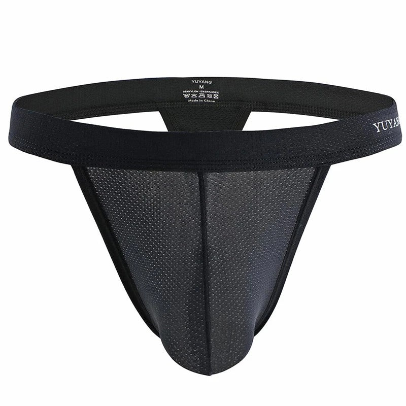 Men's Breathable Mesh Thong Underwear with Wide Waistband in Black