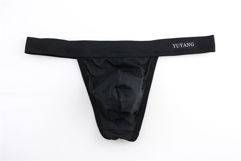 Men's Breathable Mesh Thong Underwear with Wide Waistband in Black