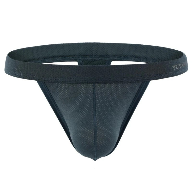 Men's Breathable Mesh Thong Underwear with Wide Waistband in Dark Gray