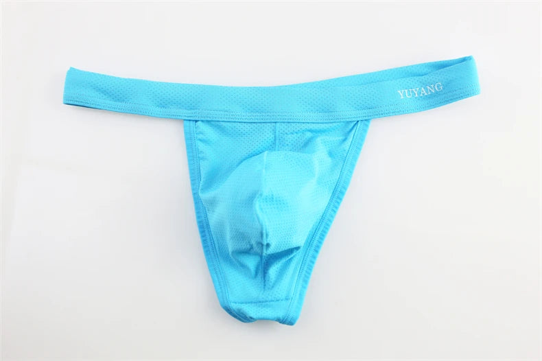 Men's Breathable Mesh Thong Underwear with Wide Waistband in Light Blue