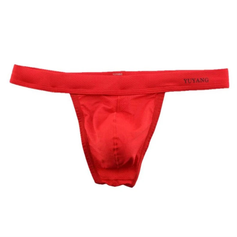 Men's Breathable Mesh Thong Underwear with Wide Waistband in Red