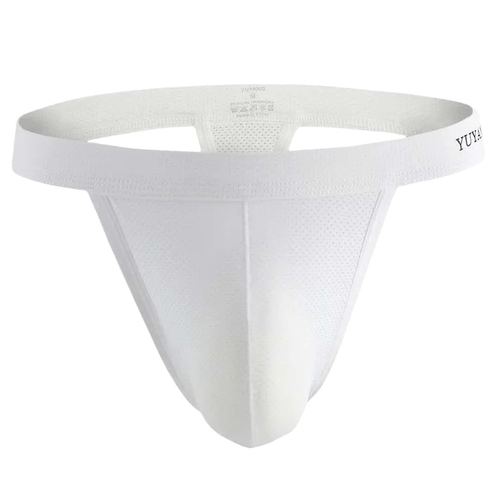 Men's Breathable Mesh Thong Underwear with Wide Waistband in White