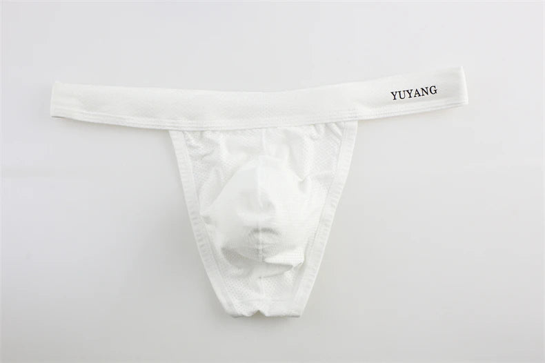 Men's Breathable Mesh Thong Underwear with Wide Waistband in White