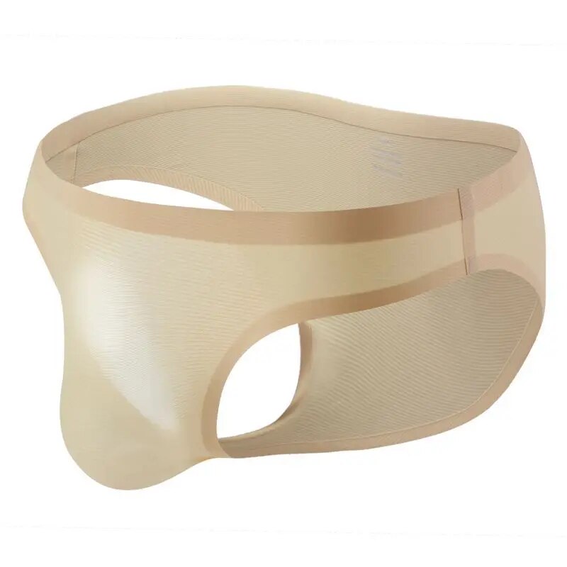 Men's Comfortable Ultra-Thin Ice Silk Briefs Underwear with Smooth Waistband in Beige