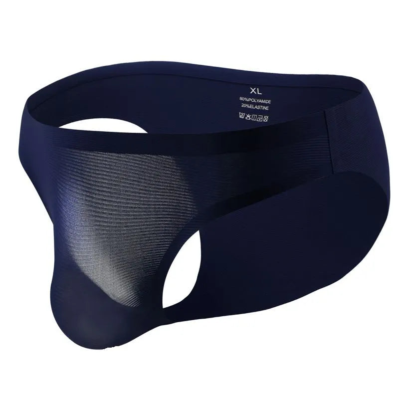Men's Comfortable Ultra-Thin Ice Silk Briefs Underwear with Smooth Waistband in Navy Blue