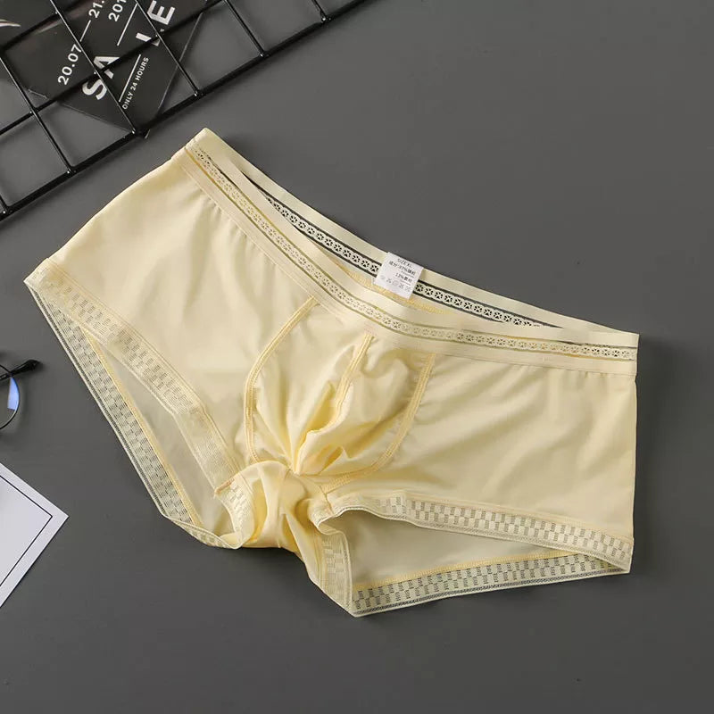 Men's Contoured Pouch Ice Silk Lace-Trimmed Boxer Briefs Underwear in Beige