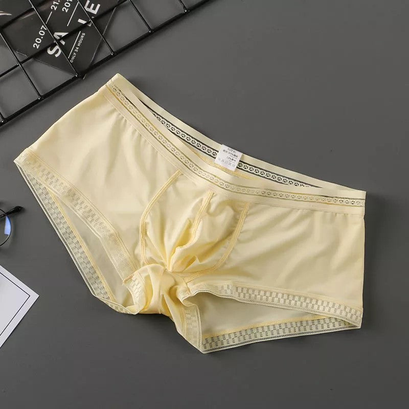 Men's Contoured Pouch Ice Silk Lace-Trimmed Boxer Briefs Underwear in Beige