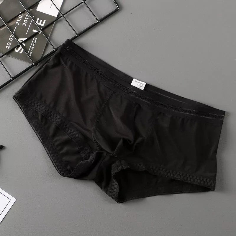 Men's Contoured Pouch Ice Silk Lace-Trimmed Boxer Briefs Underwear in Black