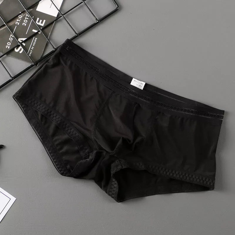 Men's Contoured Pouch Ice Silk Lace-Trimmed Boxer Briefs Underwear in Black