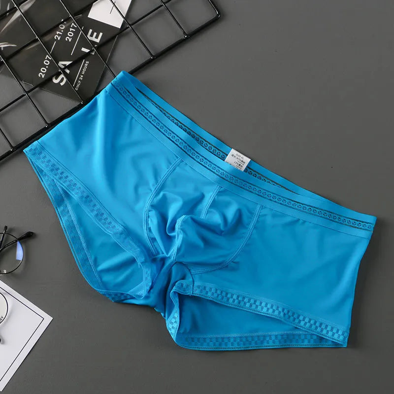 Men's Contoured Pouch Ice Silk Lace-Trimmed Boxer Briefs Underwear in Blue