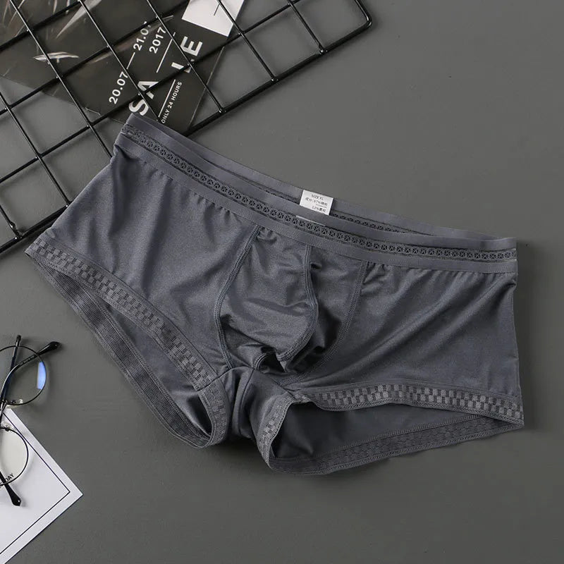 Men's Contoured Pouch Ice Silk Lace-Trimmed Boxer Briefs Underwear in Gray