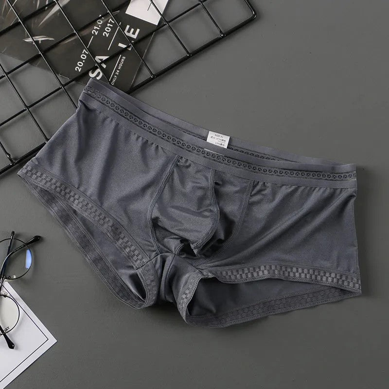 Men's Contoured Pouch Ice Silk Lace-Trimmed Boxer Briefs Underwear in Gray
