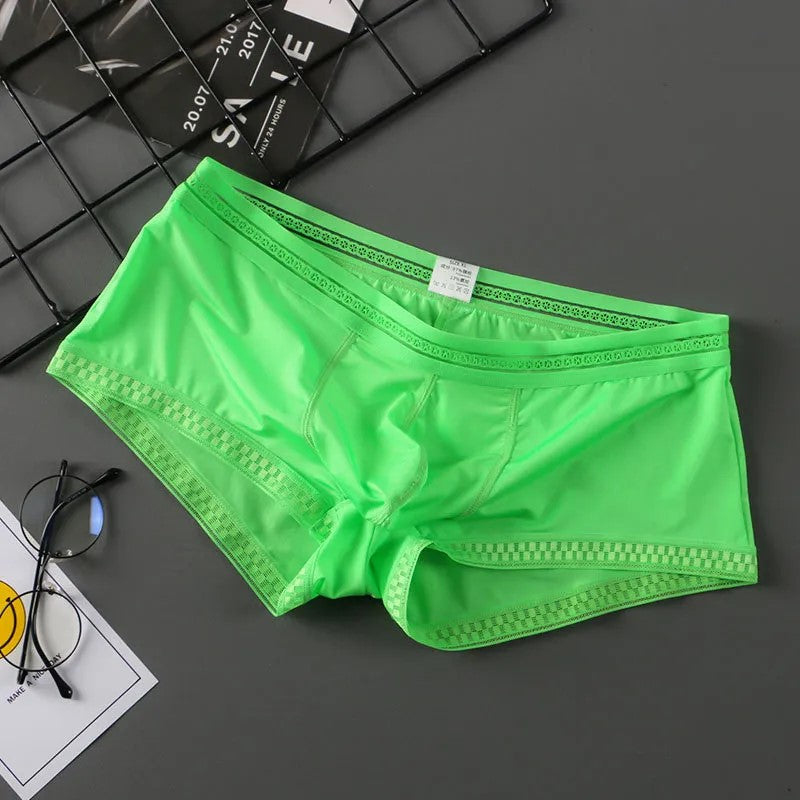 Men's Contoured Pouch Ice Silk Lace-Trimmed Boxer Briefs Underwear in Green