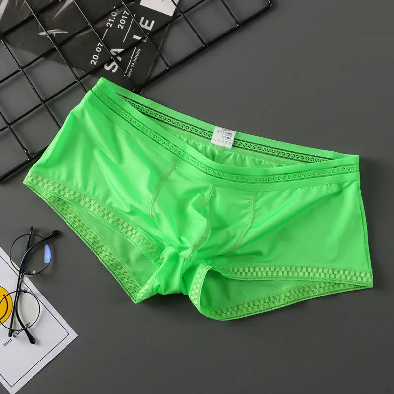 Men's Contoured Pouch Ice Silk Lace-Trimmed Boxer Briefs Underwear in Green