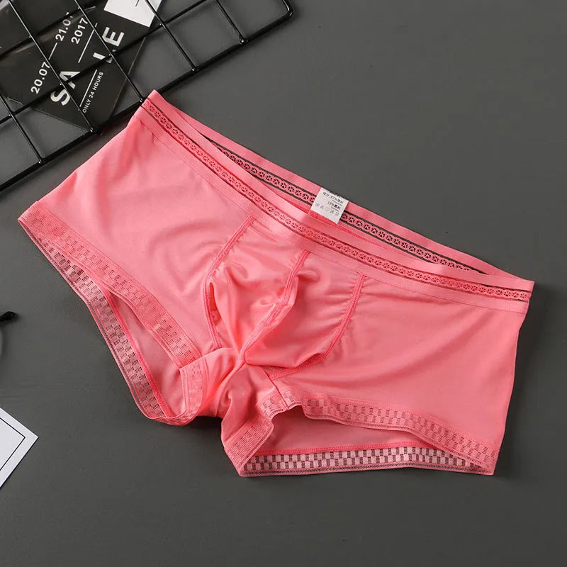 Men's Contoured Pouch Ice Silk Lace-Trimmed Boxer Briefs Underwear in Pink