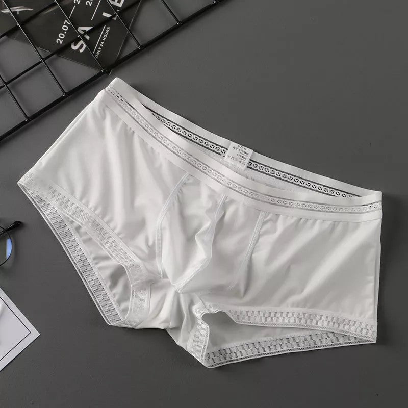 Men's Contoured Pouch Ice Silk Lace-Trimmed Boxer Briefs Underwear in White