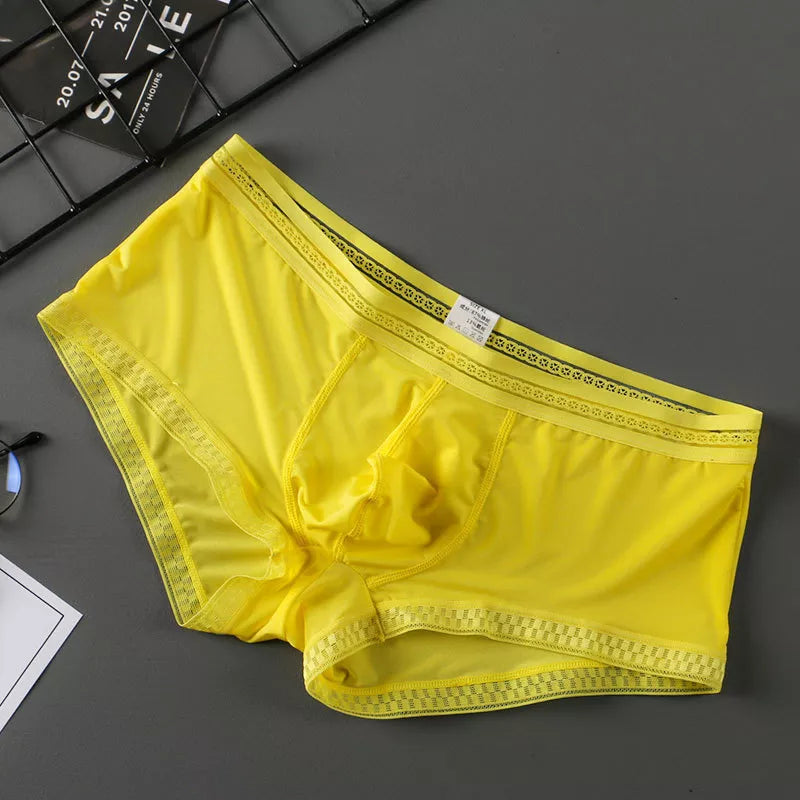 Men's Contoured Pouch Ice Silk Lace-Trimmed Boxer Briefs Underwear in Yellow
