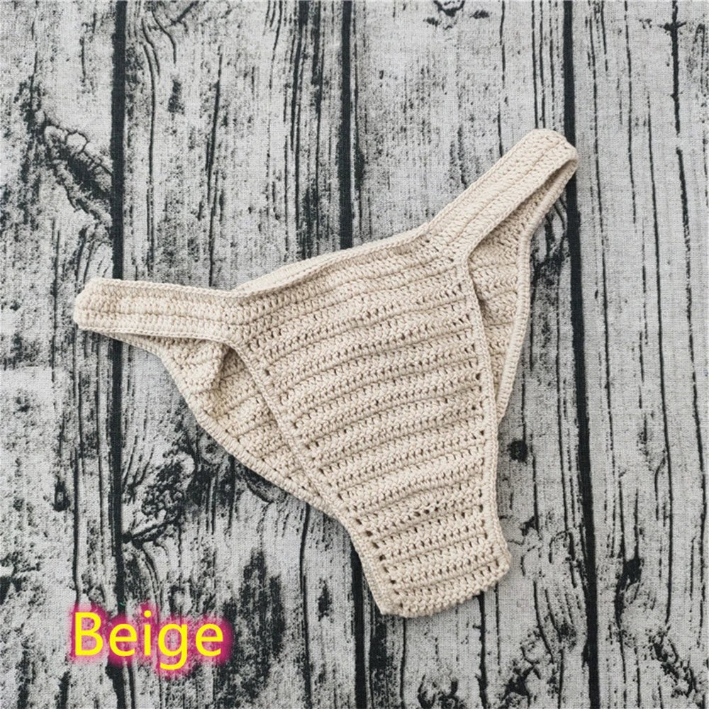Men's Crochet Bikini Briefs Low Rise Beachwear in Beige