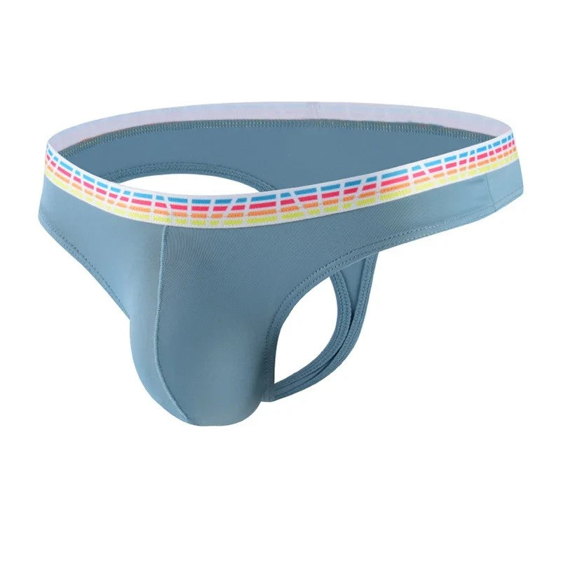 Men's Elastic Ice Silk Thong Briefs Underwear with Supportive Pouch in Blue