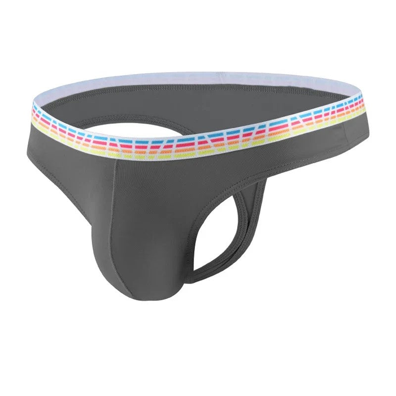 Men's Elastic Ice Silk Thong Briefs Underwear with Supportive Pouch in Dark Gray