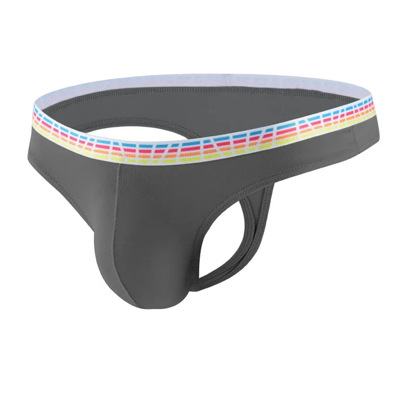 Men's Elastic Ice Silk Thong Briefs Underwear with Supportive Pouch in Dark Gray
