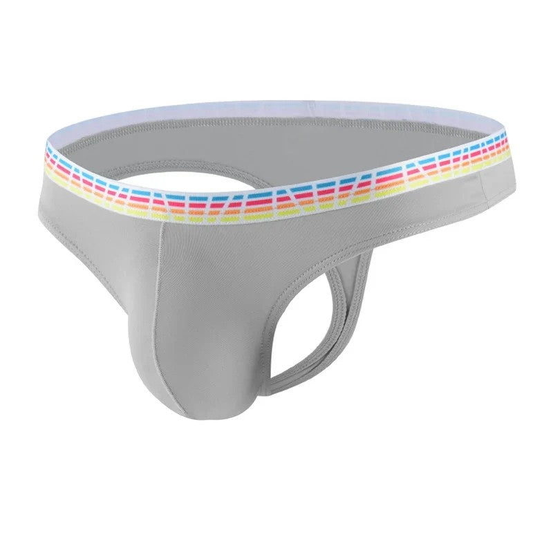 Men's Elastic Ice Silk Thong Briefs Underwear with Supportive Pouch in Light Gray