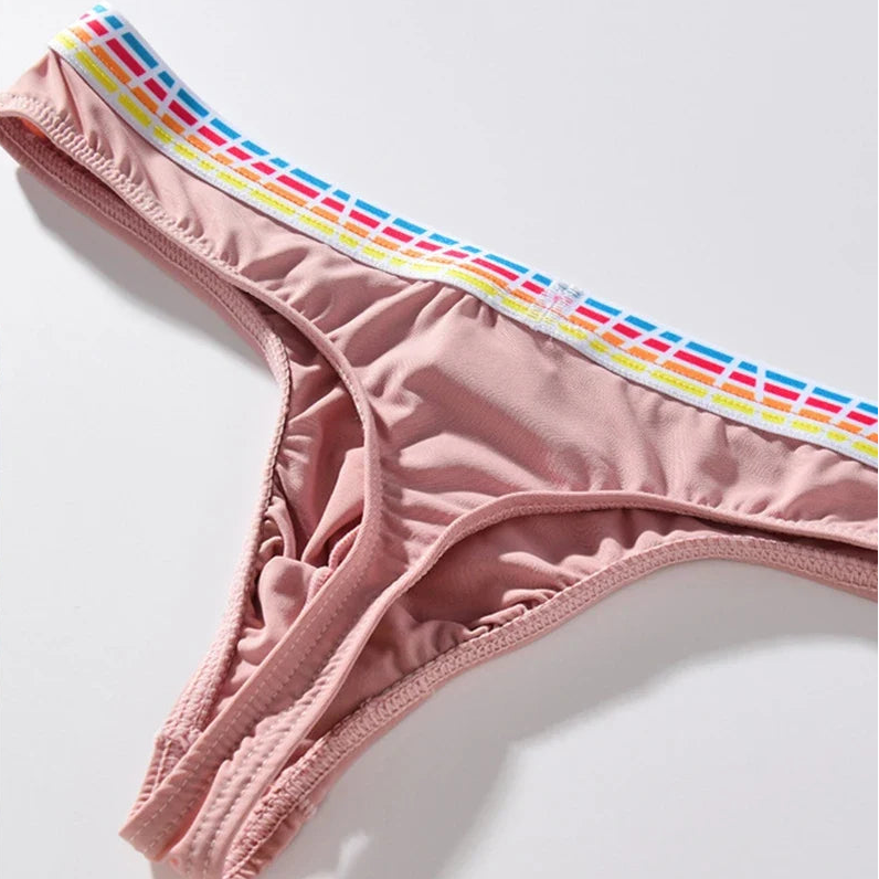 Men's Elastic Ice Silk Thong Briefs Underwear with Supportive Pouch in Pink