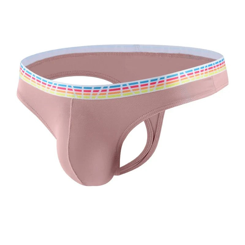 Men's Elastic Ice Silk Thong Briefs Underwear with Supportive Pouch in Pink