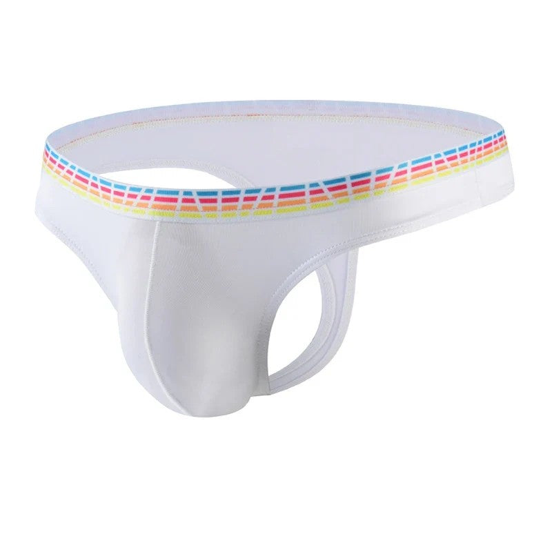 Men's Elastic Ice Silk Thong Briefs Underwear with Supportive Pouch in White