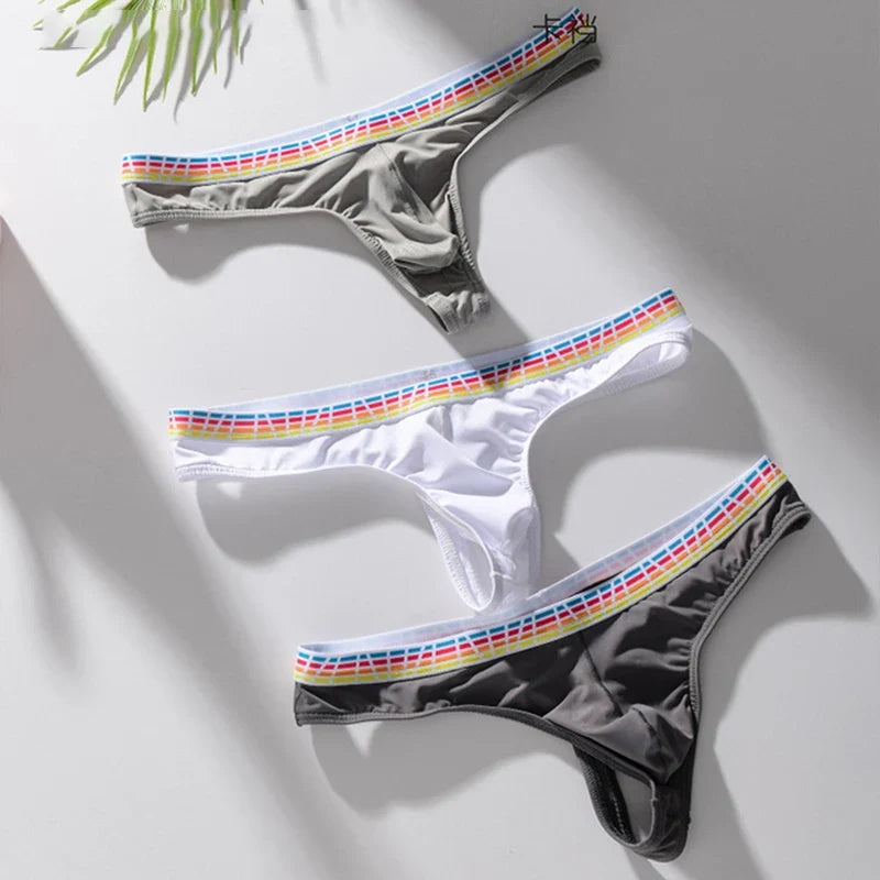Men's Elastic Ice Silk Thong Briefs Underwear with Supportive Pouch