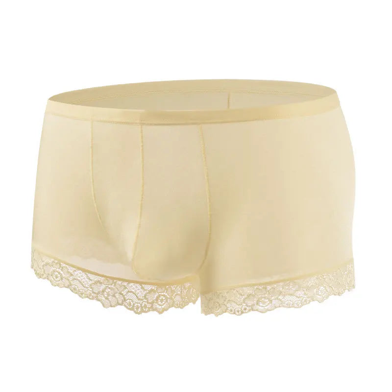 Men’s Ice Silk Mid-Rise Lace-Trim Boxer Briefs in Beige
