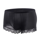 Men’s Ice Silk Mid-Rise Lace-Trim Boxer Briefs in Black