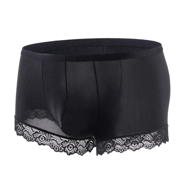 Men’s Ice Silk Mid-Rise Lace-Trim Boxer Briefs in Black
