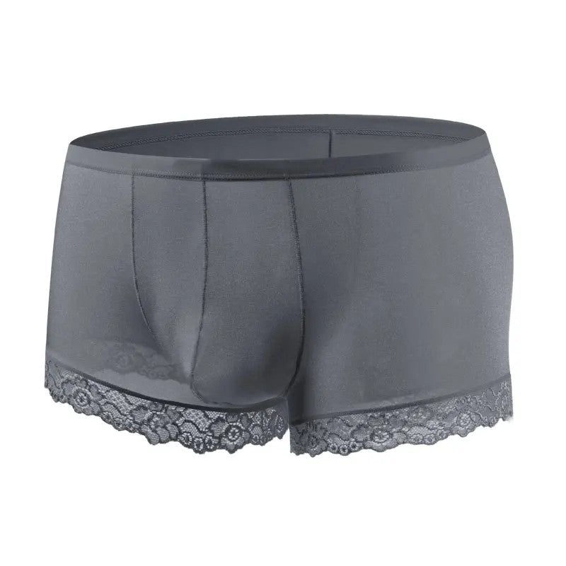 Men’s Ice Silk Mid-Rise Lace-Trim Boxer Briefs in Gray
