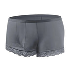 Men’s Ice Silk Mid-Rise Lace-Trim Boxer Briefs in Gray