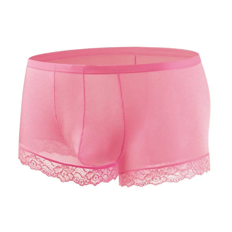 Men’s Ice Silk Mid-Rise Lace-Trim Boxer Briefs in Pink