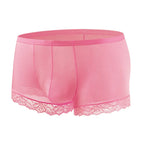 Men’s Ice Silk Mid-Rise Lace-Trim Boxer Briefs in Pink
