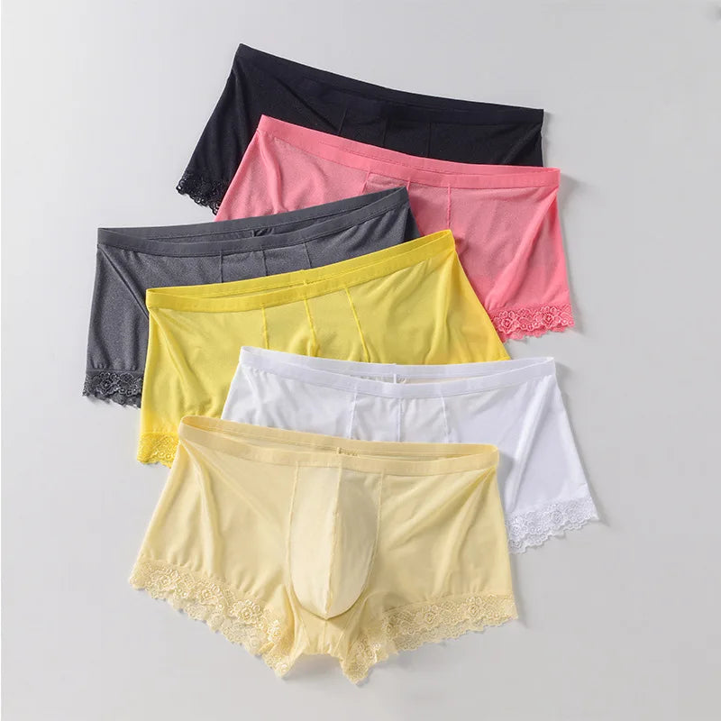 Men’s Ice Silk Mid-Rise Lace-Trim Boxer Briefs Underwear with Contoured Pouch