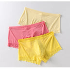 Men’s Ice Silk Mid-Rise Lace-Trim Boxer Briefs Underwear with Contoured Pouch