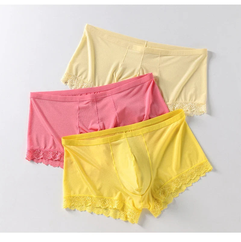 Men’s Ice Silk Mid-Rise Lace-Trim Boxer Briefs Underwear with Contoured Pouch